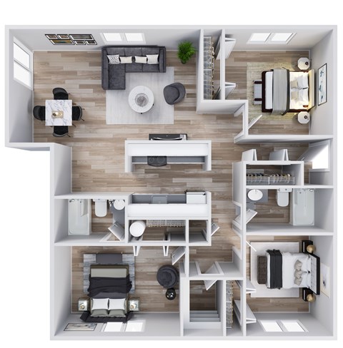Floor plan for 3 beds, 2 baths, 1260 sqft